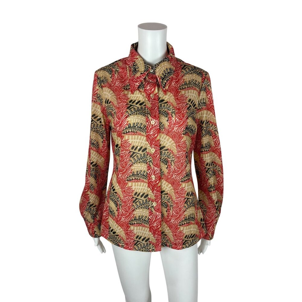 Vintage 70s Button Shirt Women's Large Tropical Jungle Print Collared Top